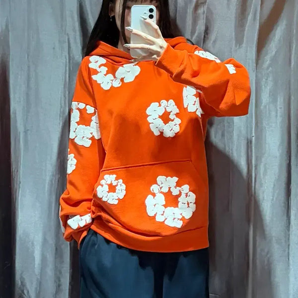 [BUNJANG] M Denimtears Signature Flower Orange Hoodie / M 데님티어스 시그니처 플라워 오렌지 후드티