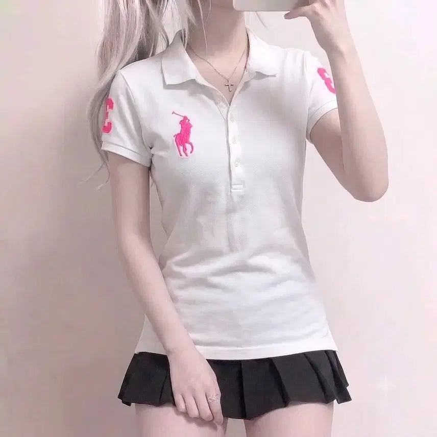 [BUNJANG] Polo Ralph Lauren Women's White/Pink Big Pony Short Sleeve Polo Shirt / 우먼 폴로 랄프로렌 화이트/핑크 빅포니 반팔카라티 (No.109)