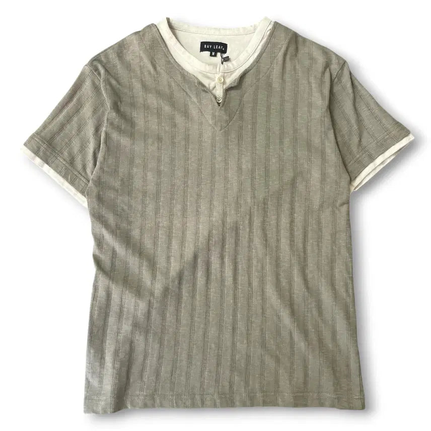 [BUNJANG] Japanese Vintage Light Khaki Henlay Neck Layered Ribbed Short Sleeve Top M / JPN 일본빈티지 연카키 헨리넥 레이어드 골지 반팔 M