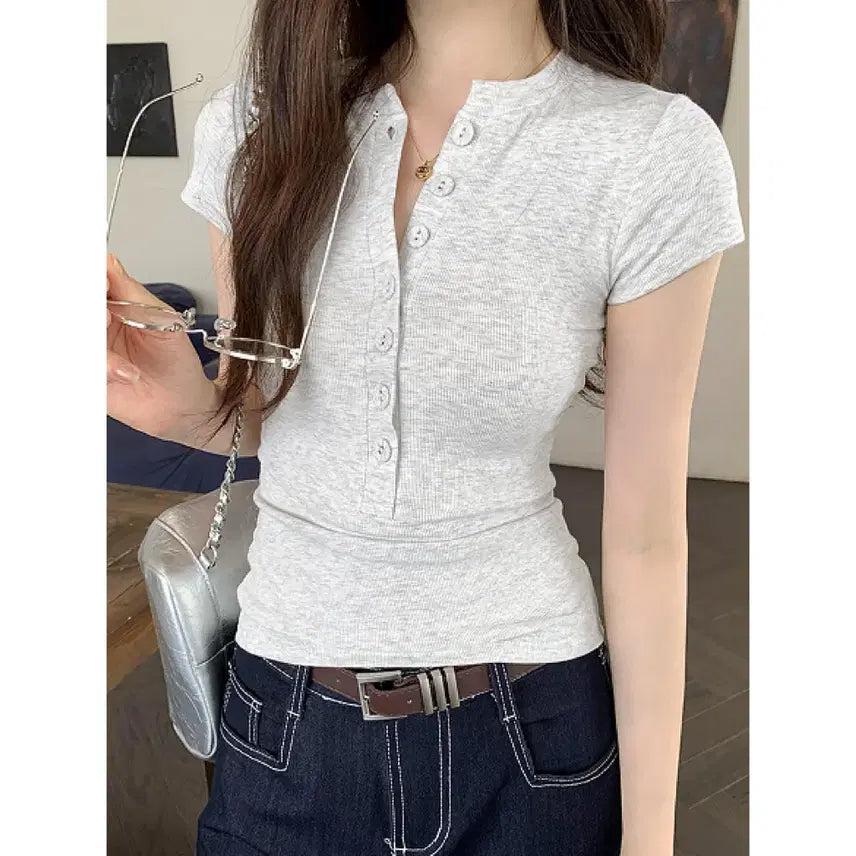 [BUNJANG] Melange Ribbed Henley Neck Slim Fit T-Shirt / [새상품/7,000원] 쫀쫀 탄탄 골지 헨리넥 슬림핏 반팔티 (멜란지)