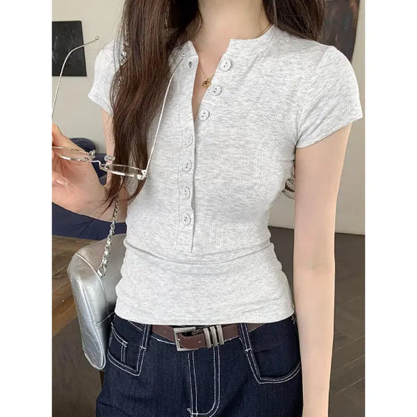 [BUNJANG] Melange Ribbed Henley Neck Slim Fit T-Shirt / [새상품/7,000원] 쫀쫀 탄탄 골지 헨리넥 슬림핏 반팔티 (멜란지)