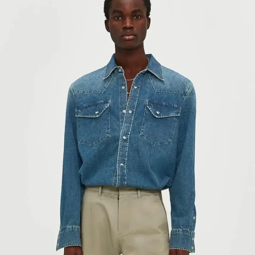 [BUNJANG] Ellude Bad Guy Denim Western Shirt Washed Blue / 엘무드 배드가이 데님 웨스턴 셔츠 청남방 워시드블루 (46)