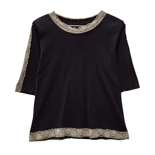 [BUNJANG] Vintage Natural Mori Lace Short Sleeve T-Shirt - Deep Brown (Made in Japan) / 빈티지 내추럴 모리 레이스 딥브라운 반팔티 MADE IN JAPAN