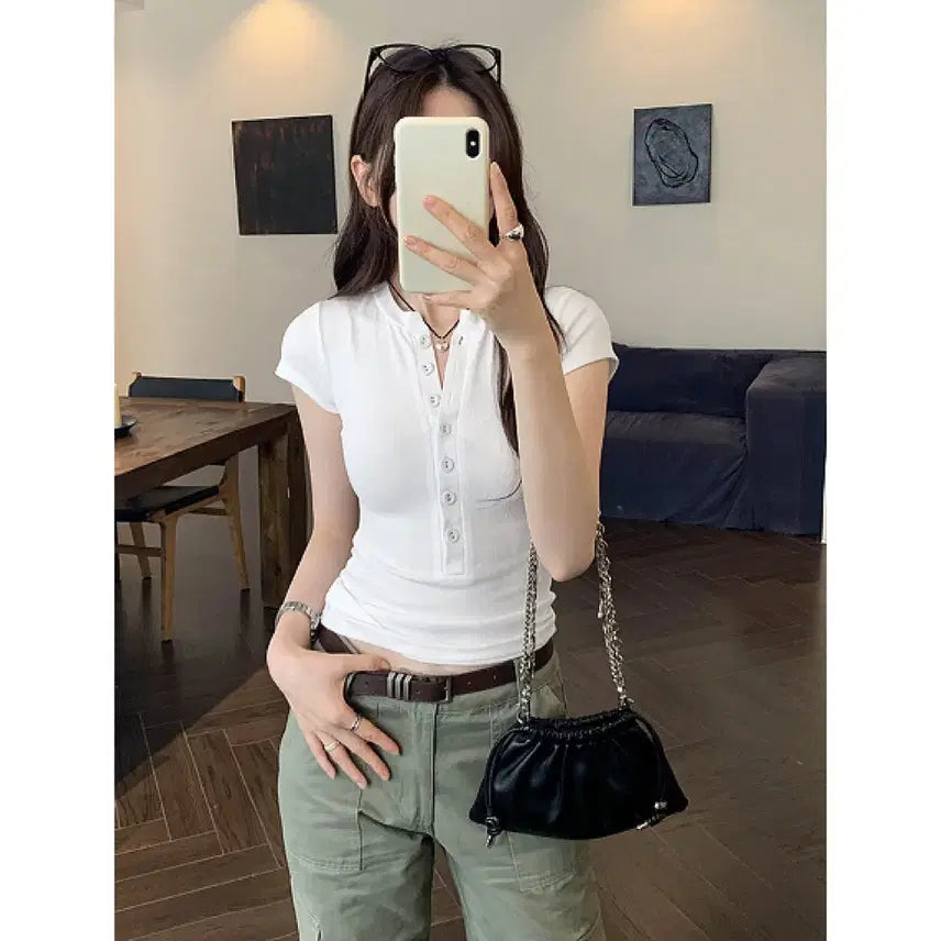 [BUNJANG] Ribbed Henley Slim Fit T-Shirt White / [새상품/7,000원] 쫀쫀 탄탄 골지 헨리넥 슬림핏 반팔티 (화이트)