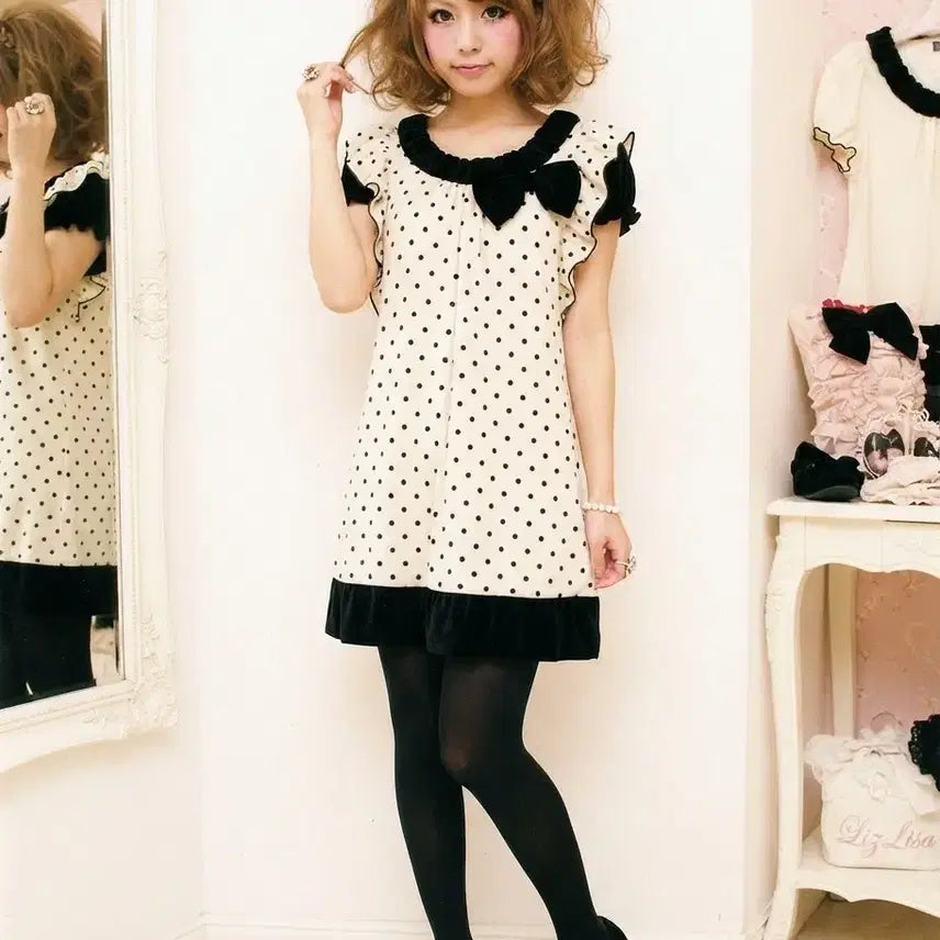 [BUNJANG] Heisei Era Ribbon Dot Party Dress - Gothic Lolita Style / 고전 헤이세이 리본 도트 원피스 공겜여주 고딕 라떼 히메갸루 모리걸 양산형 엑시즈팜 트랄라라 리즈리사 깔 핀터깔 달천깔