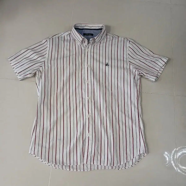 [BUNJANG] Beanpole Men's White Stripe Short Sleeve Shirt Size 110 / 빈폴 남자 반팔 셔츠 흰색 스트라이프 110