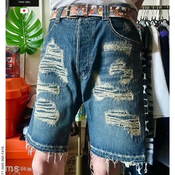 [BUNJANG] NO ID. Japanese Vintage Distressed Repaired Denim Shorts / NO ID. 노아이디 아카이브 일본 빈티지 디스트로이드 리페어 데미지 데님 숏츠 팬츠 청바지