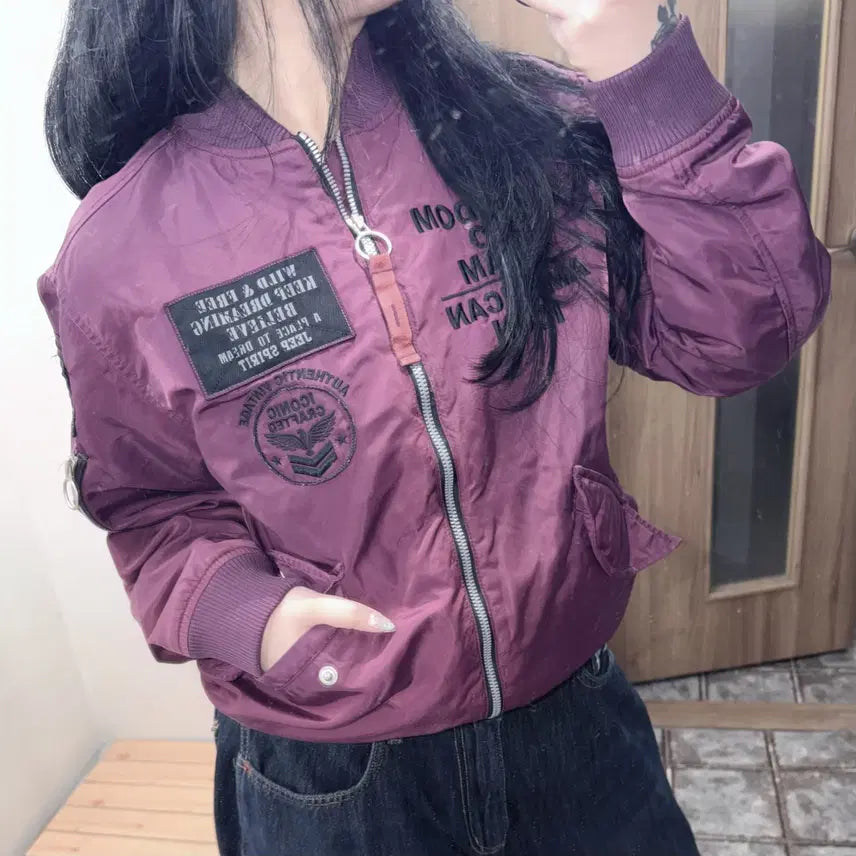 [BUNJANG] Jeep Men's Burgundy Embroidered Logo Bomber Jacket Patch Pocket Flight Jumper / S(90) 지프 남성 버건디 봄버 자수로고 자켓 패치 포켓 항공 점퍼