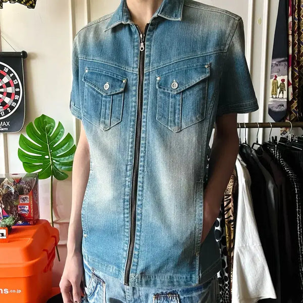 [BUNJANG] Army of Noi 00s Japanese Vintage Washed Denim Half Zip Short Sleeve Jacket M / 00s Army of Noi 일본 빈티지 워시드 데님 하프 집업 반팔 자켓