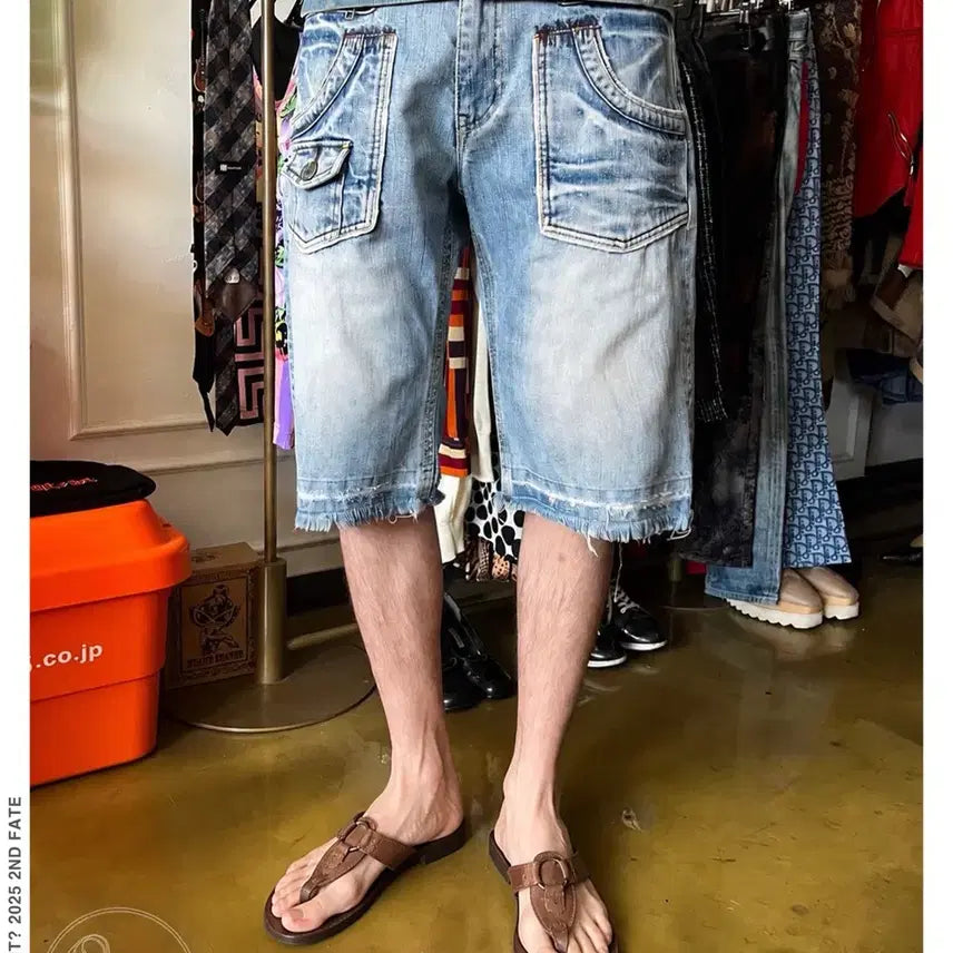 [BUNJANG] 00s Back Number Japanese Vintage Washed Denim Wide Shorts / 00s Back Number 일본 빈티지 워시드 데님 와이드 숏츠 팬츠