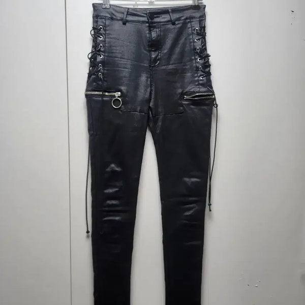 [BUNJANG] Women's Black Skinny Leather Pants with String and Zipper Detail / 여성 블랙 끈/지퍼 포인트 스키니 가죽 팬츠