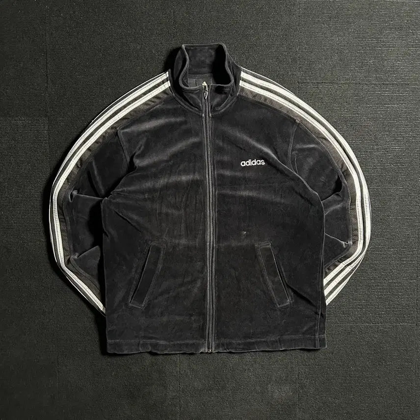 [BUNJANG] Adidas Black Velvet Velour Track Top Jersey M / 아디다스 블랙 벨벳 벨로아 트랙탑 져지