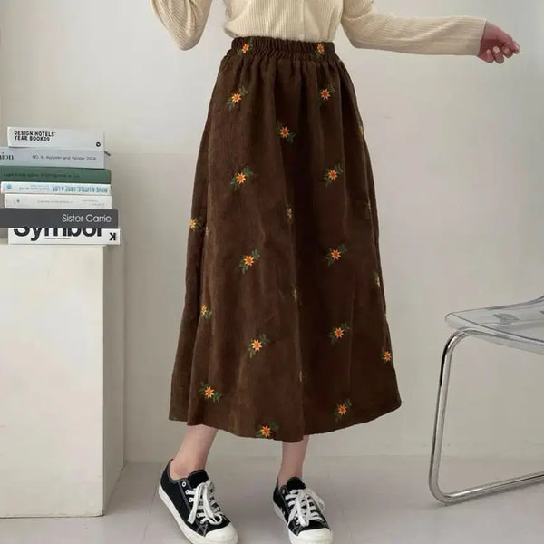 [BUNJANG] Corduroy Floral Embroidered A-Line Skirt / 새상품) 코듀로이 꽃 자수 플라워패턴 골덴 a라인 스커트 빈티지 치마