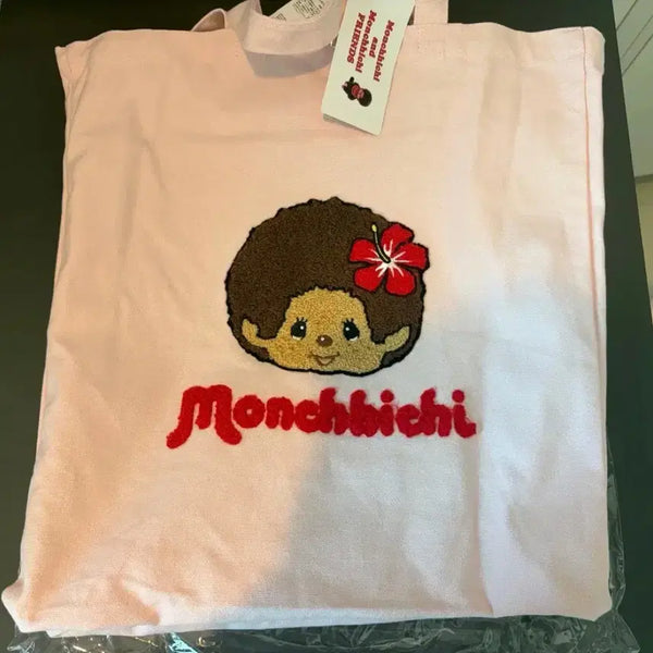 [BUNJANG] Monchhichi Embroidered Pink Eco Bag / 태닝몬치치 자수 핑크 에코백