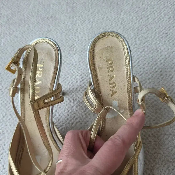 [BUNJANG] Prada Gold Silver Strap Heels Size 37 / 프라다 골드 실버 스트랩 힐 37