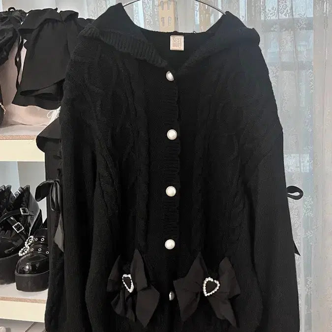[BUNJANG] Secret Honey Ribbed Cardigan / 시크릿허니 후드 리본 가디건 시허니 양산형 지뢰계 양지뢰 고딕