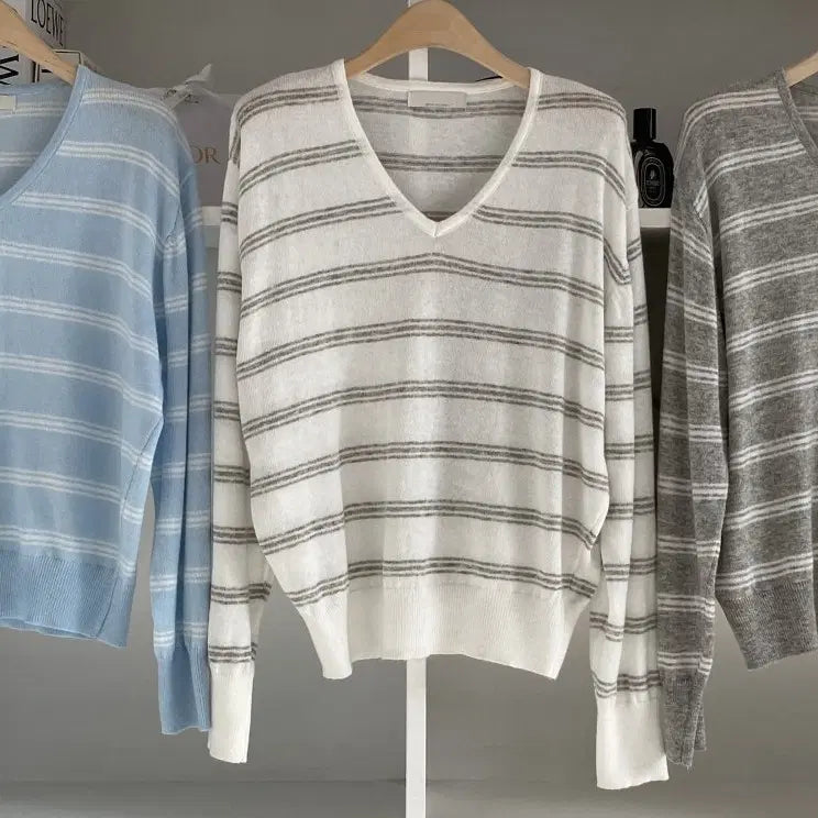 [BUNJANG] Stripe V-Neck Wool Knit (3% Wool) - Ivory / (국내제작) 스트라이프 브이넥 울니트 (울3%)_아이1