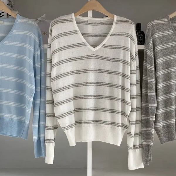 [BUNJANG] Stripe V-Neck Wool Knit (3% Wool) - Ivory / (국내제작) 스트라이프 브이넥 울니트 (울3%)_아이1