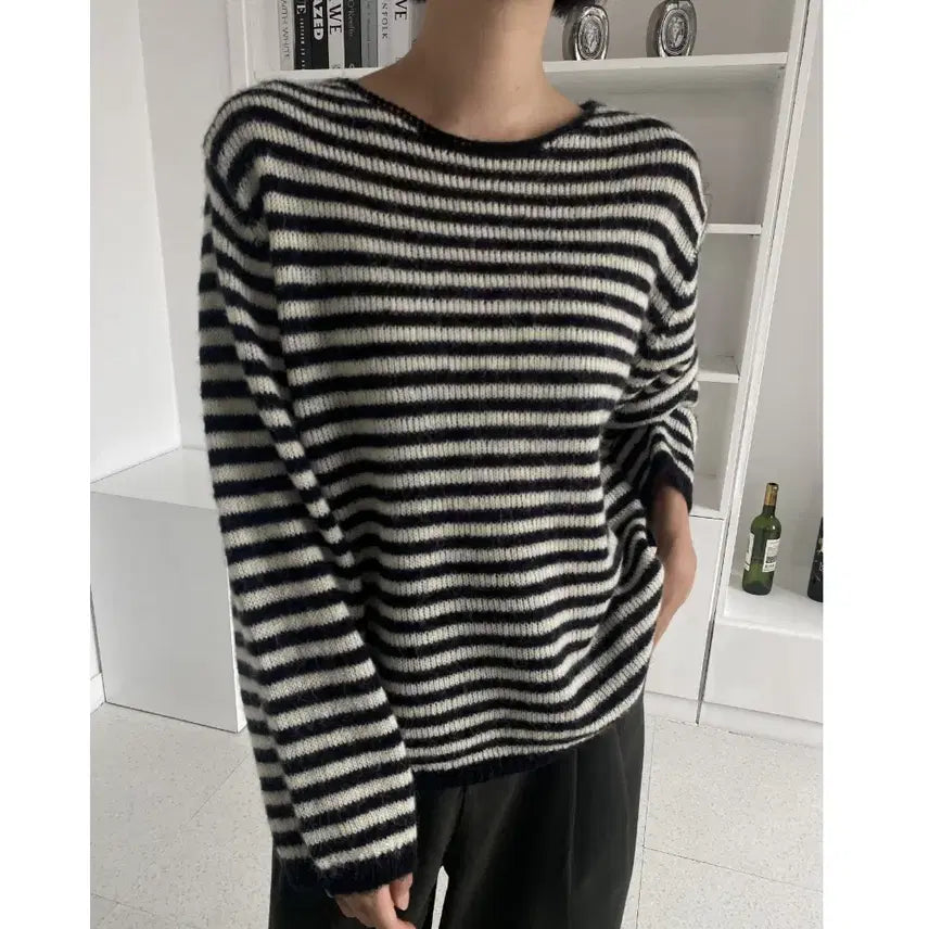 [BUNJANG] Mohair Wool Stripe Knit (Mohair 10%) - Black / (국내제작) 모헤어 울 스트라이프 니트 (모헤어 10%)_블랙1