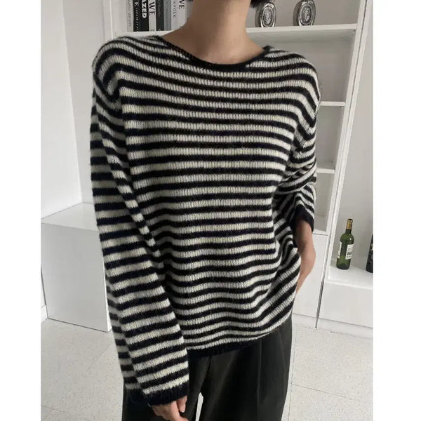 [BUNJANG] Mohair Wool Stripe Knit (Mohair 10%) - Black / (국내제작) 모헤어 울 스트라이프 니트 (모헤어 10%)_블랙1