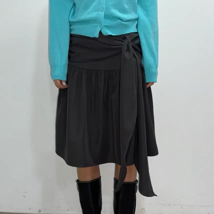 [BUNJANG] Drape Tie Strap Flare Midi Skirt / 드레이프 타이 스트랩 플레어 미디스커트
