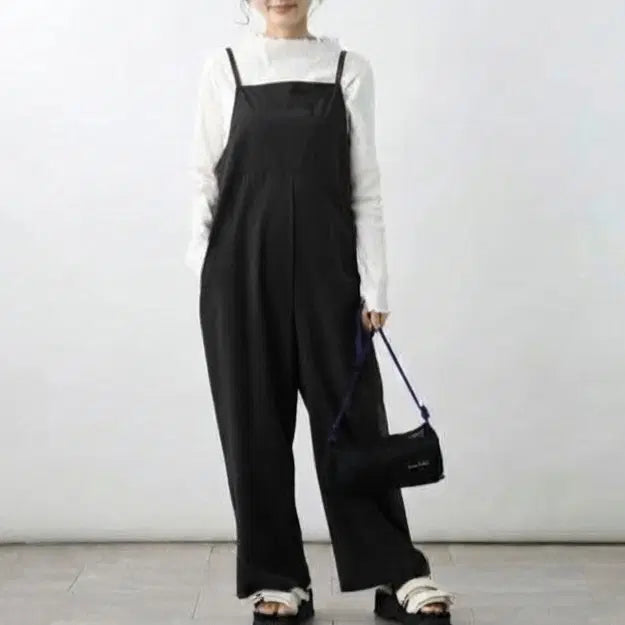 [BUNJANG] Logo Point Black Suspender Pants / 로고 포인트 블랙 서스펜더 팬츠 / 멜빵 오버롤 바지 귀여운 편한 점프수트 팬츠