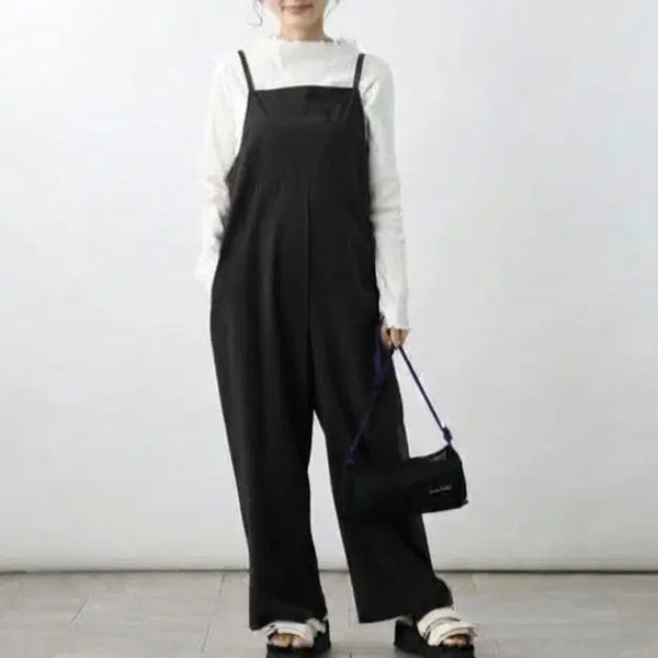 [BUNJANG] Logo Point Black Suspender Pants / 로고 포인트 블랙 서스펜더 팬츠 / 멜빵 오버롤 바지 귀여운 편한 점프수트 팬츠