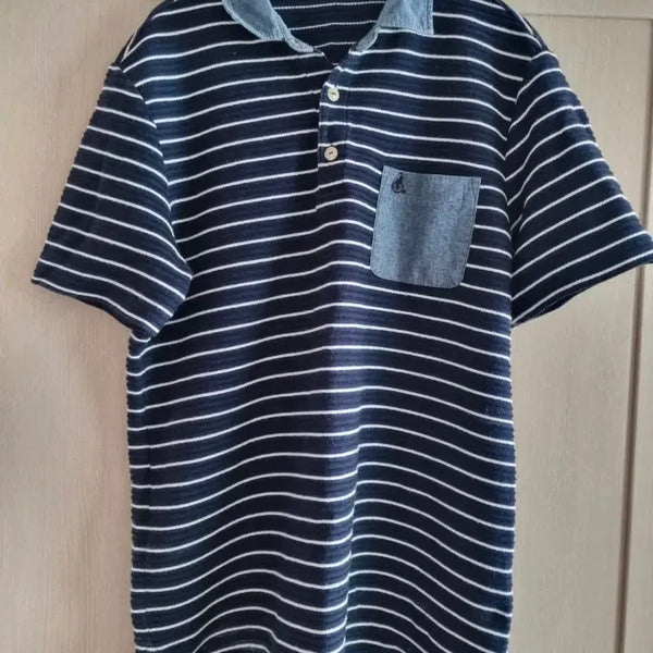 [BUNJANG] Beanpole Striped Collar Short Sleeve T-Shirt Navy / 빈폴 스트라이프 카라 반팔 티셔츠 네이비