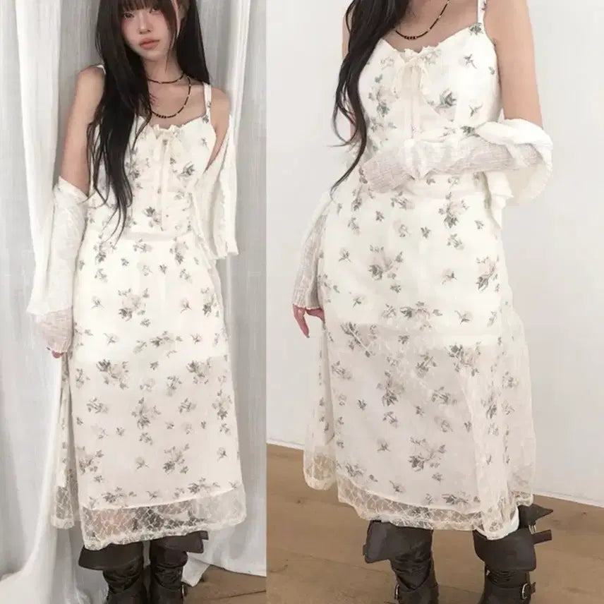 [BUNJANG] Kishicodin Heart Neck Lace Flower Long Sleeveless Dress / 에이블리 카리나 st 원피스 키시 코딘 하트넥 레이스 플라워 롱 나시 드레스 옷 여성 판매