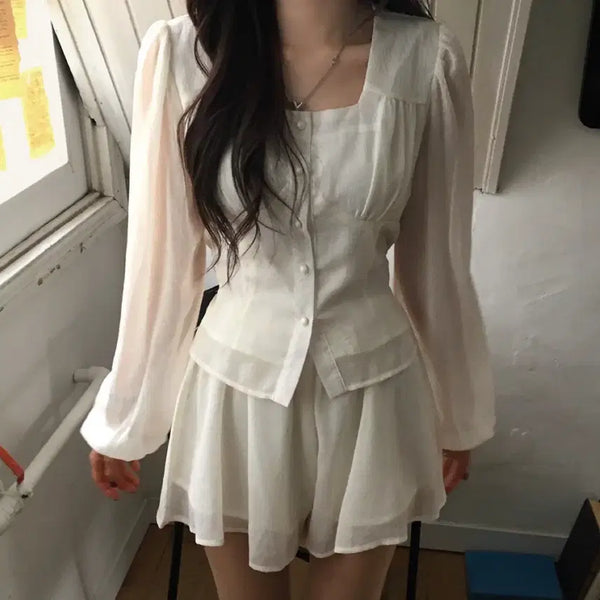[BUNJANG] Square Neck Blouse and Skirt Pants Set / 스퀘어 블라우스+ 치마바지 세트