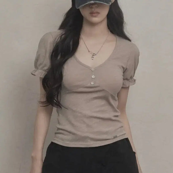 [BUNJANG] Kaki Point Puff Slub T-Shirt (Beige) / 카키포인트 Puff Slub T-shirt (beige)