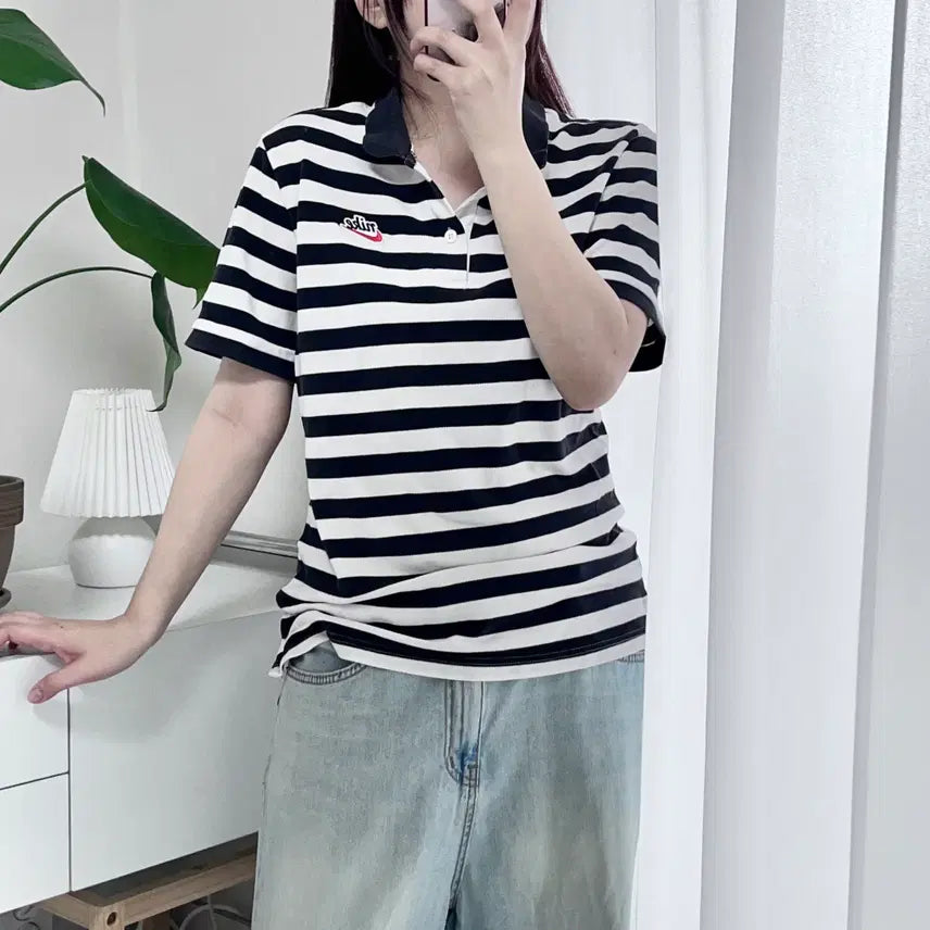 [BUNJANG] Nike White Black Striped Short Sleeve Polo T-Shirt - Size M / 나이키 화이트 블랙 단가라 반팔카라티 [ M ]