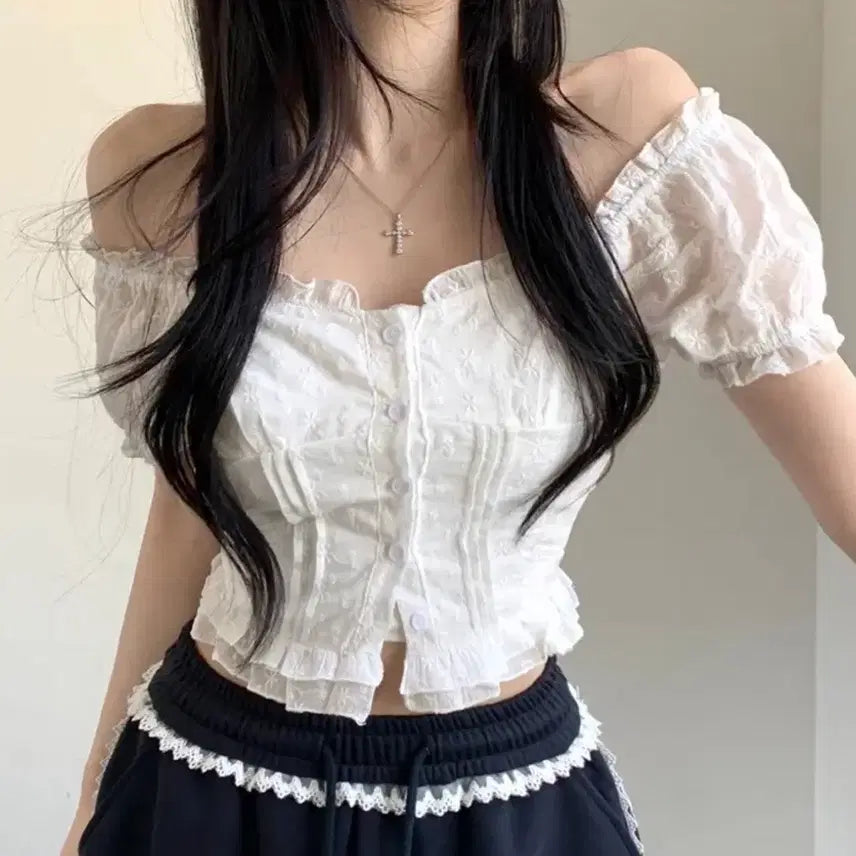 [BUNJANG] Jasmine Bell Embroidered Punch Eyelet Frill Lace Puff Sleeve Off-Shoulder Crop Short Sleeve Blouse / 에이블리 자스민벨 자수 펀칭 아일렛 프릴 레이스 퍼프소매 오프숄더 크롭 반팔 블라우스