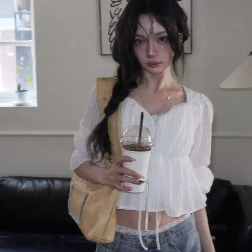 [BUNJANG] Modi Mood See-Through Shirring Blouse White / 모디무드 시스루 셔링 블라우스 화이트