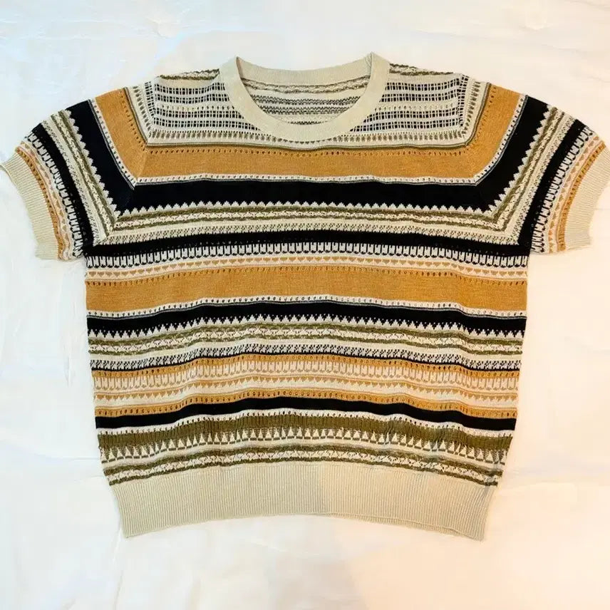 [BUNJANG] Striped Knit Short-Sleeve Top / (새상품) 단가라 짜임 반팔니트