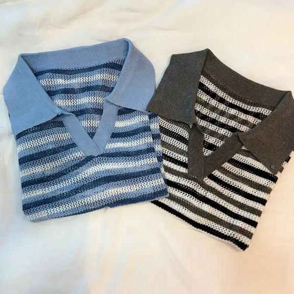 [BUNJANG] Striped Knit Collar Short Sleeve T-Shirt (2 Colors) / (새상품) 단가라 니트 카라 반팔 2color