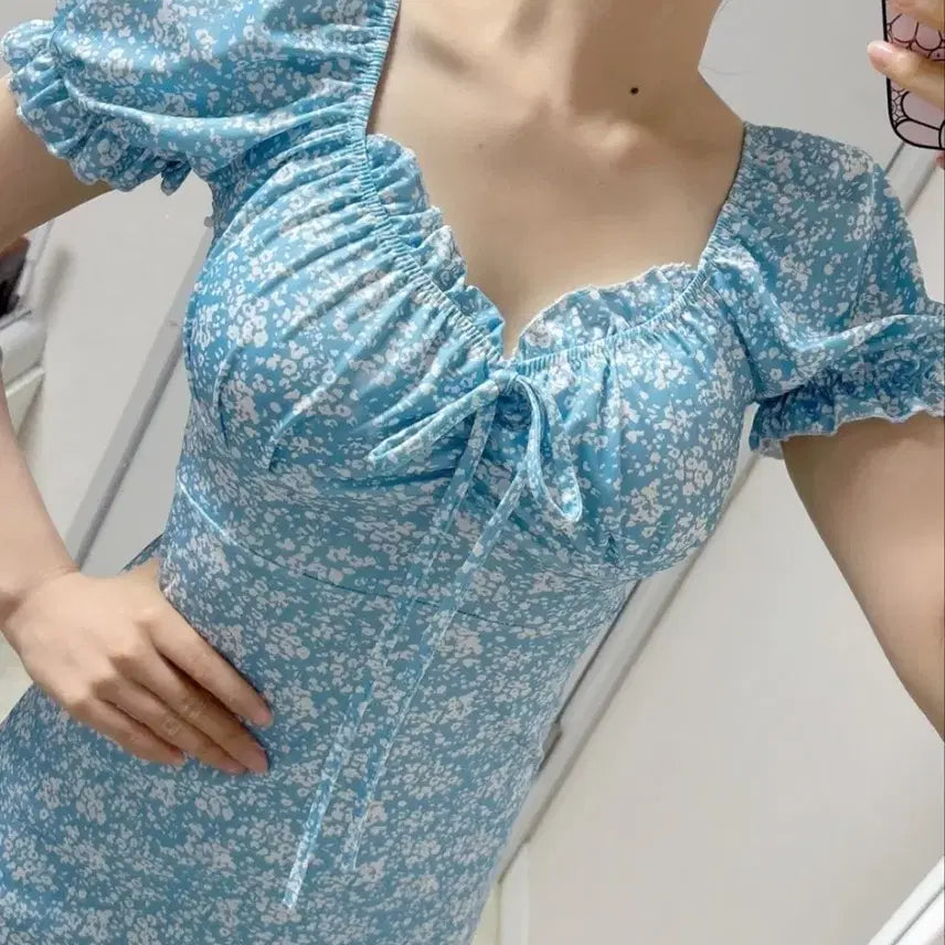 [BUNJANG] Light Blue Puff Sleeve Ruffle Dress / 반팔 원피스