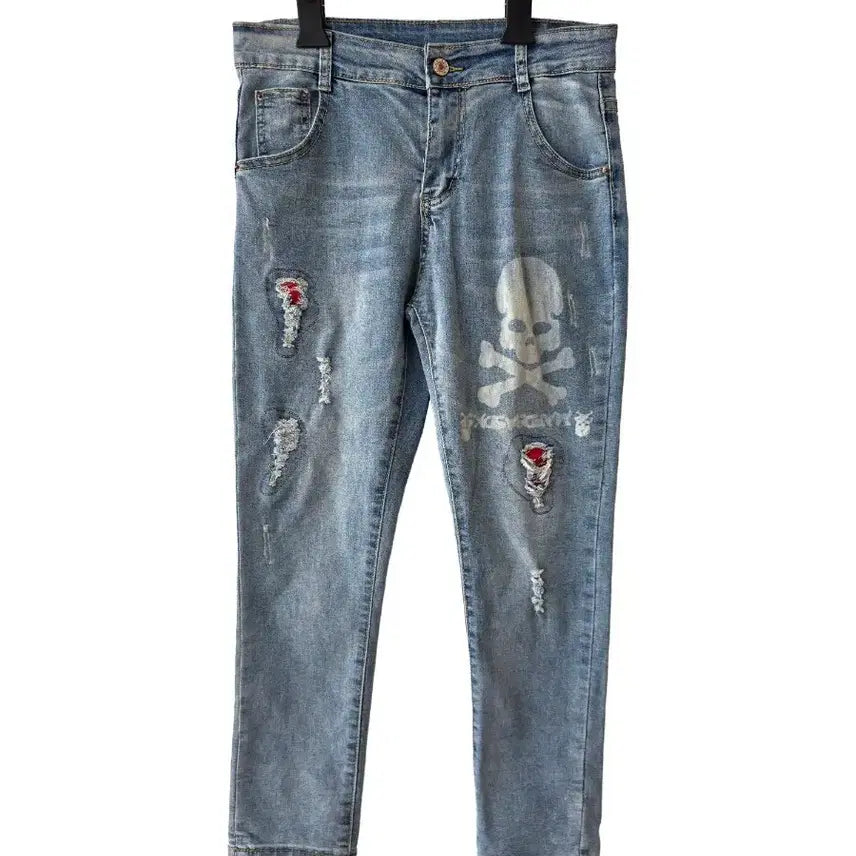 [BUNJANG] Slim Denim Pants with Slash and Damage Details / S/데미지 슬림 데님팬츠