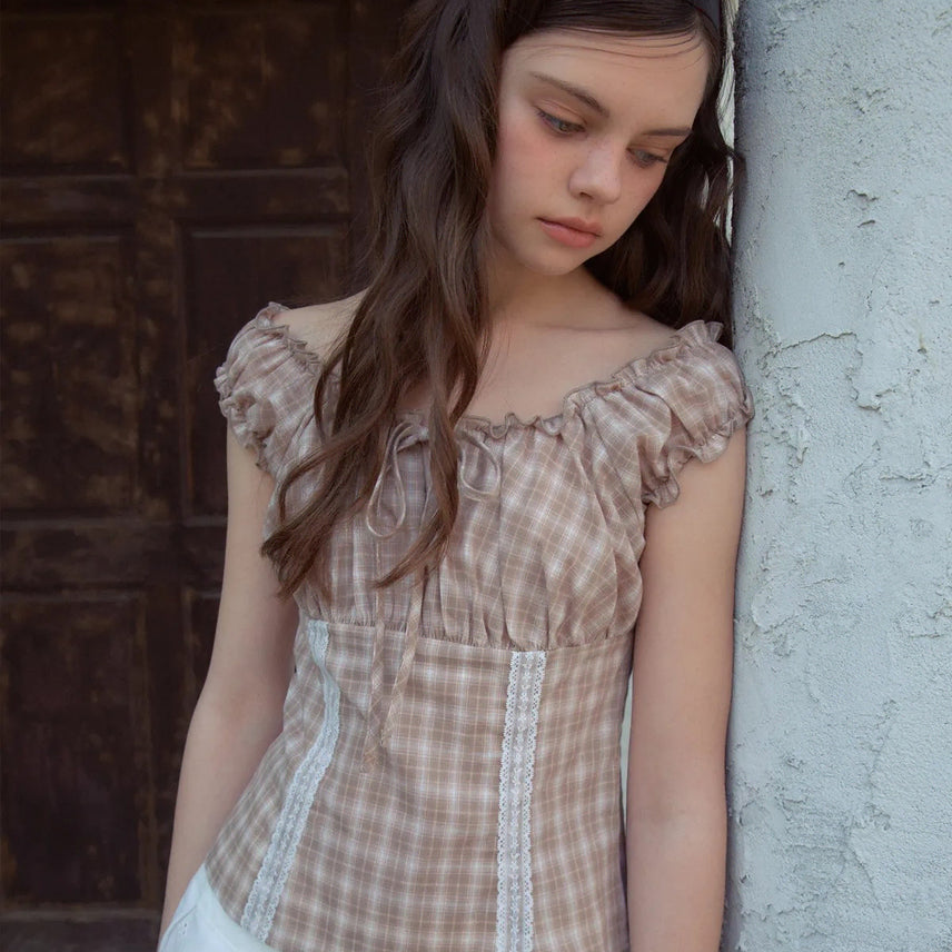 [BUNJANG] Our Nostalgia Plaid Check Sleeveless Blouse Brown S / 아우어노스텔지아 벨 체크 슬리브리스 블라우스 브라운 S