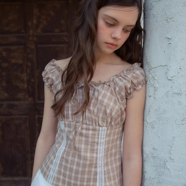 [BUNJANG] Our Nostalgia Plaid Check Sleeveless Blouse Brown S / 아우어노스텔지아 벨 체크 슬리브리스 블라우스 브라운 S