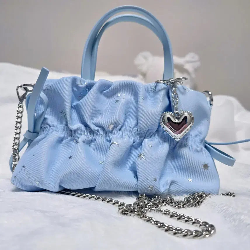 [BUNJANG] Star Pattern Heart Keyring Cross Tote Bag / 하늘색 별패턴 하트 키링 크로스 토트백