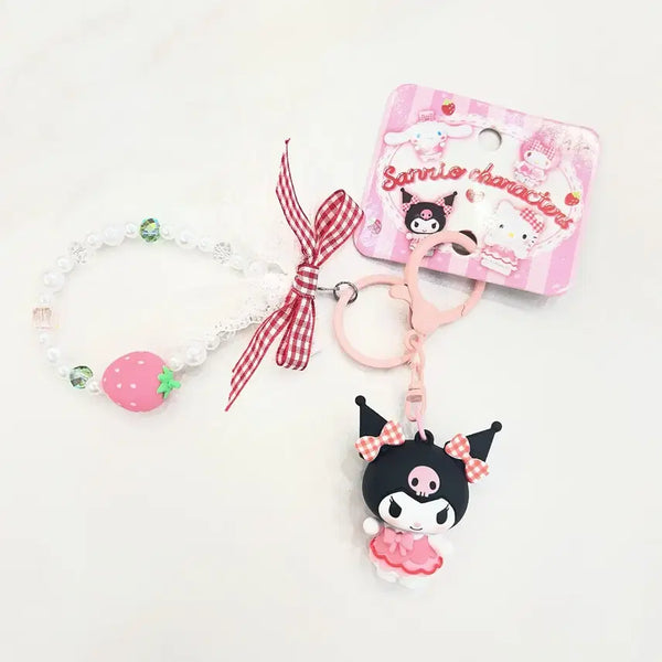 [BUNJANG] Sanrio Kuromi Strawberry Beaded Keychain / 정품 산리오 쿠로미 딸기 비즈 키링