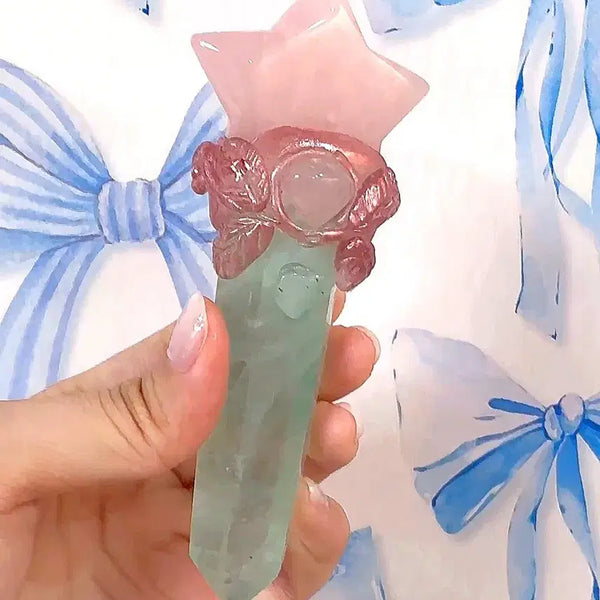 [BUNJANG] Natural Stone Rose Quartz & Green Fluorite Wand / [천연원석] 로즈쿼츠 & 그린 플루오라이트 별 마법봉