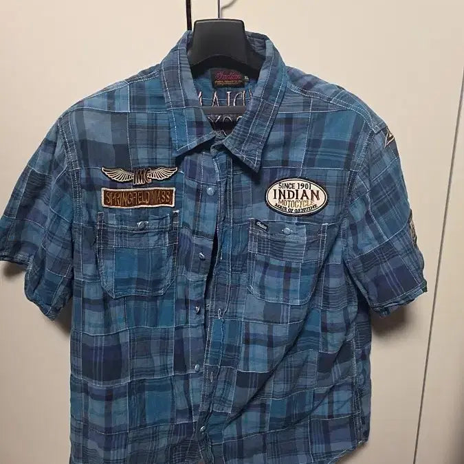 [BUNJANG] Indian Motorcycle Thunderbird Embroidered Short Sleeve Check Shirt XL / 인디언모터사이클 썬더버드 자수 반팔 체크셔츠 xl
