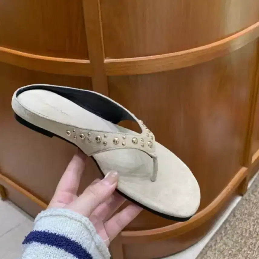 [BUNJANG] Beige Suede Flat Sandals - Size 225 / 베이지 스웨이드 쪼리 225