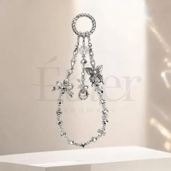 [BUNJANG] Silver Crystal Bead Keyring Bag Charm with Ribbon and Butterfly Pendant / 실버 크리스탈 비즈 키링 가방 백참 리본 나비 키홀더