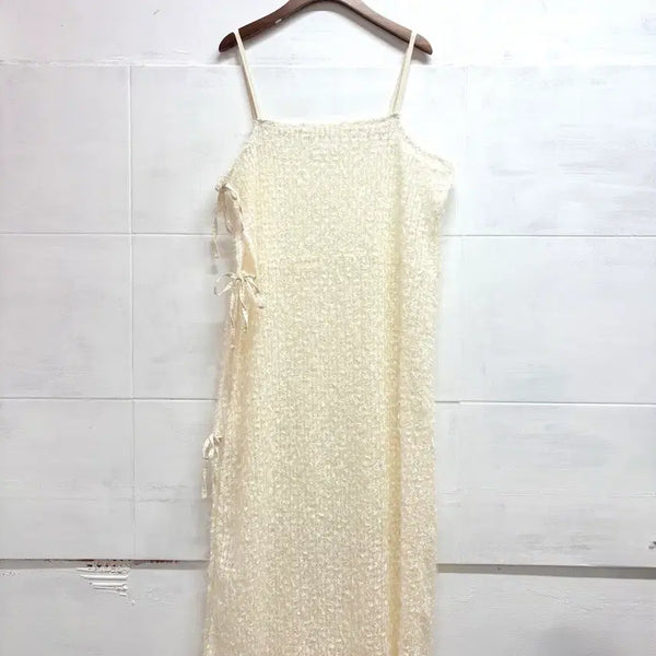 [BUNJANG] Cream Side Ribbon Layered See-Through Net Slip Long Dress / 크림 사이드 리본 레이어드 시스루 네트 슬립 롱 원피스