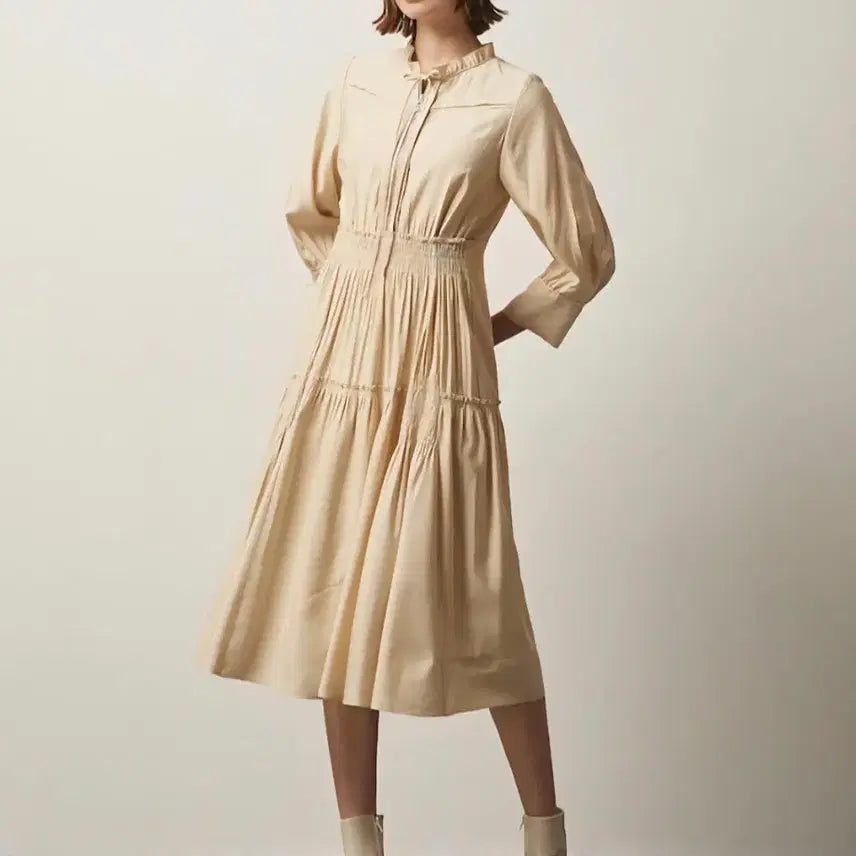 [BUNJANG] DEWL Smocking Band Shirring Dress Beige Size 55 / 듀엘 스모킹밴드 셔링 원피스 55사이즈