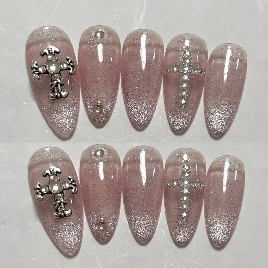 [BUNJANG] Handmade Cubic Cross Y2K Ggarr Magnet Gel Nail Tips / 큐빅 십자가 수제 네일팁 자석젤 y2k 갸루