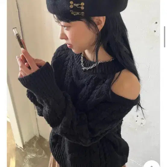 [BUNJANG] Kim Ah-hop Black Cable Knit Beret / 김아홉 블랙 케이블 베레모 (Black)